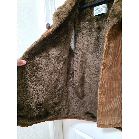Vintage Pacific Trail Brown Corduroy Coat Faux Fur Collar & Lining Button-Up Men - Picture 7 of 8